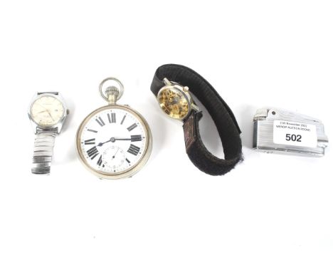 A pocket watch, watches and a Ronson lighter. Comprising a Oris watch with expandable strap, an exhibition case watch and a l