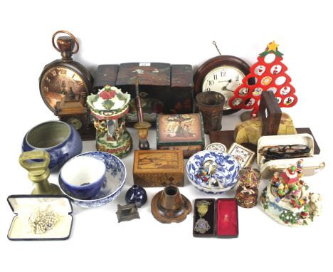 An assortment of collectables. Including a silver and pearl brooch, pair of bookends, Masonic enamel medal presented to Willi