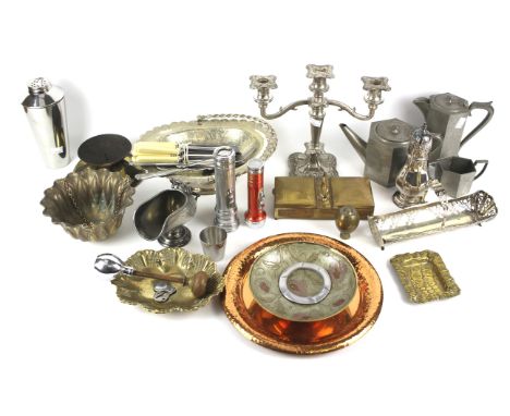 An assortment of silver plate and collectables. Including a door knob, cocktail shaker, bowls, candelabra, English pewter, fl