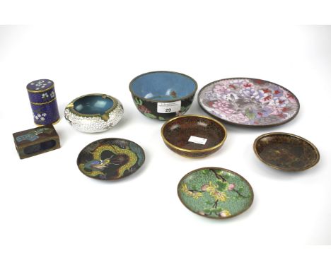 An assortment of Asian cloisonne enamel items. To include a lidded pot, ash tray, dishes etc