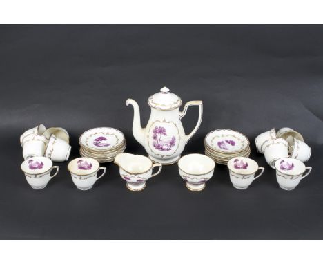 A Royal Worcester 'The Chamberlain' pattern porcelain tea set. Each piece decorated with purple scenes depicting bridges and 