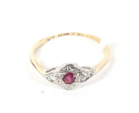 A 9ct yellow gold, ruby and diamond dress ring. Weight 1.3g, size L