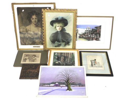 Various 20th century original works and a group of 19th century prints. Comprising: a 19th century print of a portrait of Mis