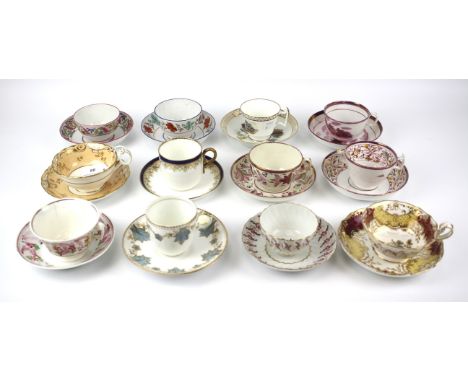A group of late 18th - early 19th century English porcelain tea wares. Including: a New Hall spirally moulded teabowl and sau