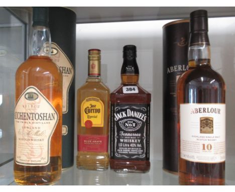 Two bottles of Scotch Whisky Auchentoshan and Aberlour 10 year old together with a bottle of Jack Daniels and a bottle of Teq
