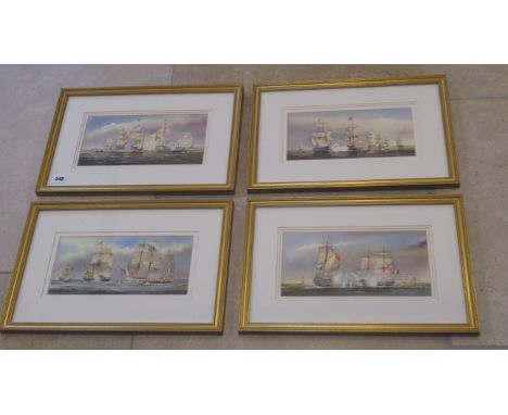A set of four Trafalgar prints signed K W Burton - 45cm x 30cm
