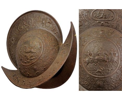 dating: 19th Century provenance: Europe, In cast iron, with high comb and brim, completely decorated with cavaliers on horseb