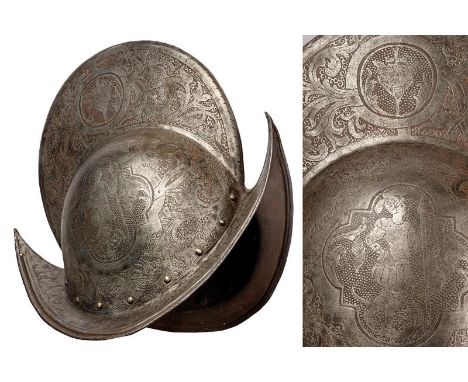 dating: 19th Century provenance: Germany, In iron foil, the skull in two pieces, with high comb, brim and hemmed border; all 