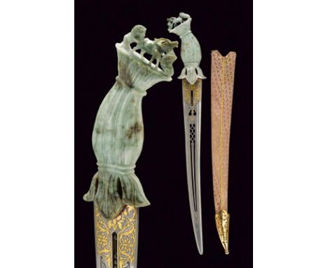dating: 20th Century provenance: India, Iron, double-edged blade, pierced and grooved, base decorated with golden flowers and