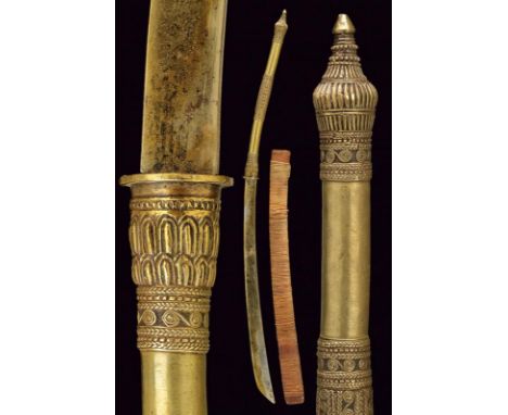 dating: circa 1900 provenance: Thailand, Strong, curved, single-edged blade; long, solid brass grip decorated with filigree g