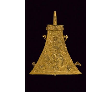 dating: 16th Century provenance: France, Brass, of trapezoidal shape, gilded to mercury, front and back part with knights in 