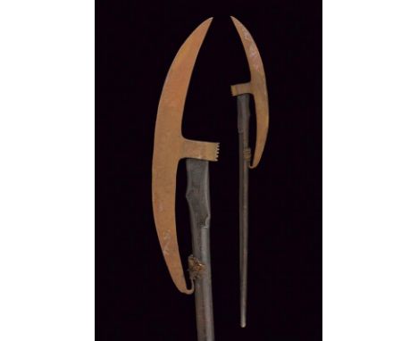 dating: 18th Century provenance: Russia, Long, iron, convex-edged axe, bottom end equipped with an appendix faced upwards and