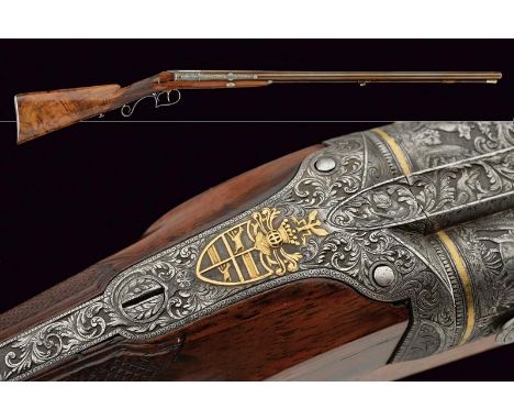 dating: Mid 19th Century provenance: Herzberg/Ger, Round, smooth, finished, 16 mm cal. barrels, in damask, rib marked in gold