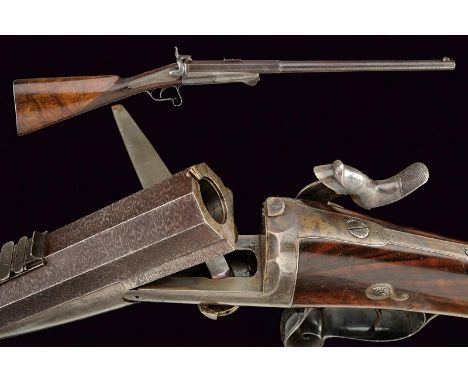 dating: about 1870 provenance: Paris, Heavy, rifled, two-stage, 20 mm cal. barrel with damask drawing, first part is octagona