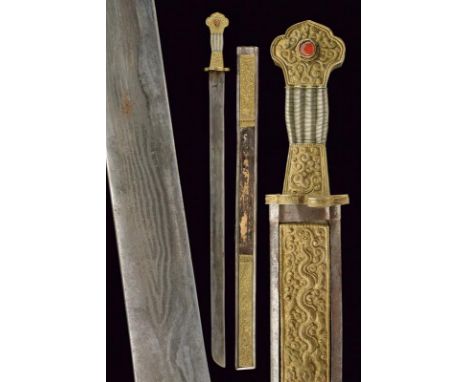 dating: circa 1900 provenance: China, Strong, single-edged blade, in pamor, brass hilt decorated with floral motifs in bass-r