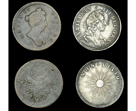 William III, a silver medalet, undated, bust right, rev. non devio, radiate sun, 22mm, 2.97g (MI I, 695/92); Mary II, a coppe