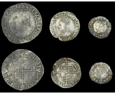 Elizabeth I, Second issue, Shilling, mm. martlet, bust 3A, 5.46g/1h, Groat, mm. martlet, bust 1F, 1.80g/7h; Third issue, Thre