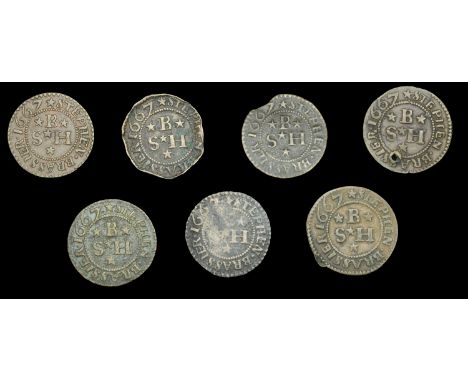 Wiltshire, Wilton, Stephen Brassier, Halfpence, 1667 (7), 1.87g/12h, 1.07g/6h (both N 5621; BW. 268), 1.07g/6h (N 5622; BW. 2