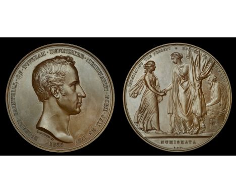 Richard Sainthill, 1855, a copper medal by L.C. Wyon, bust right, rev. robed figure of Numismata greeting another while openi