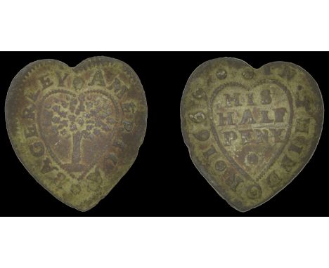 Northamptonshire, Finedon, America Bagerley, heart-shaped Halfpenny, 1669, 2.20g/12h (N 3375; W 22; BW. 152). A trifle bent, 