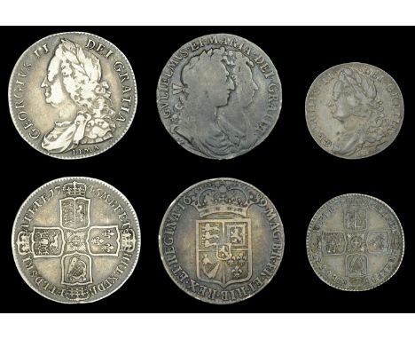 William and Mary, Halfcrown, 1689, first shield (S 3434); George II, Halfcrown, 1746 lima, nono, Shilling, 1745 lima (S 3695A