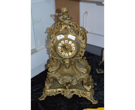 Large Ornate Brass Mantel Clock with Cherub Decoration 
