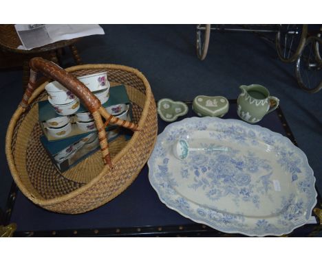 Large Blue &amp; White Meat Plate, and a Basket Containing Royal Worcester and Wedgwood Items 