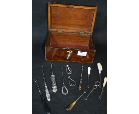 Small Wooden Caddy Containing Button Hooks 