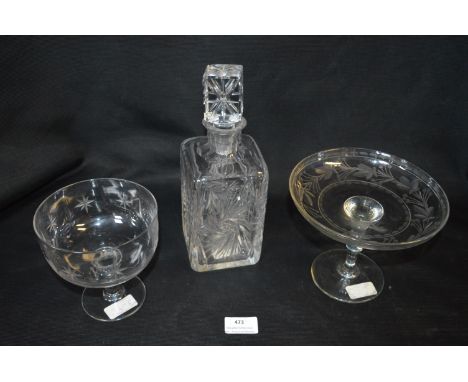 Three Cut Glass Crystal Serving Dishes and a Decanter 