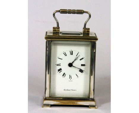 A small silver plated brass carriage clock by Shortland Bowen, H. 11.5cm.