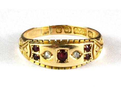 An antique 15ct yellow gold ruby and rose cut diamond set ring, (M).