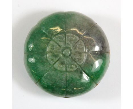 A fine Chinese carved mixed colour jade/ hardstone sealing ink box, Dia. 5.5cm D. 2.5cm.