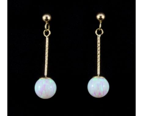 A pair of 9ct yellow gold synthetic opal set drop earrings, L. 2.5cm.