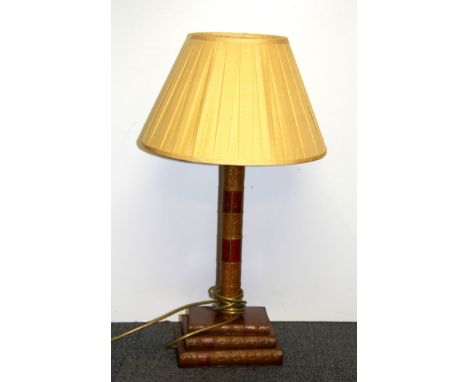 A leather and wood table lamp and shade, H. 65cm.