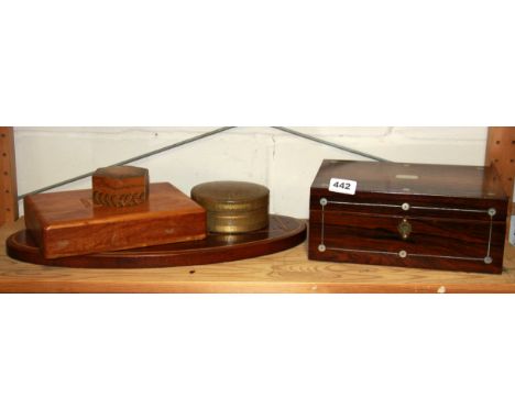 A Victorian rosewood veneered workbox, cribbage board etc.