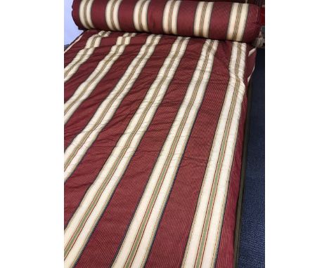 An impressive pair of fully lined red and gold striped curtains, L. 210cm W. 240cm gathered, with matching matress cover, val