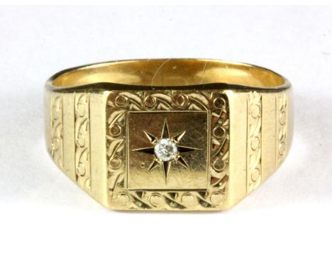 A gentleman's 9ct yellow gold diamond set signet ring,( (S).