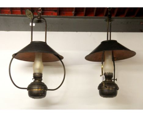 A pair of brass oil lamp style light fittings, H. 64cm.