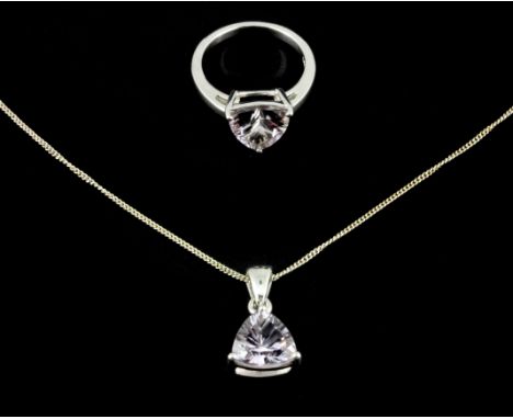 A 925 silver pendant and chain and matching ring set with trillion concave cut kunzites, (O).