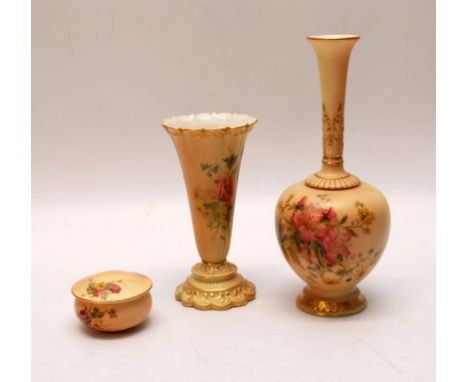 THREE PIECES OF ROYAL WORCESTER "BLUSH" TO INCLUDE SPECIMEN VASE, TRUMPET VASE AND LIDDED TRINKET POT 