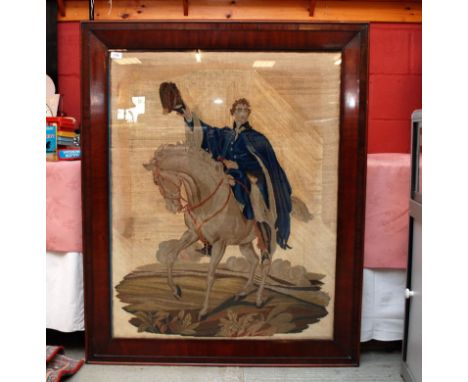LARGE C19TH TAPESTRY OF 'THE DUKE OF WELLINGTON'  MOUNTED ON BEAUSEPHALUC IN ORIGINAL MAHOGANY FRAME.