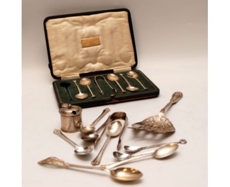 CASED PART SET OF 5 SILVER COFFEE SPOONS WITH TONGS, STERLING FISH SERVING FORK, 5 PLATED SPOONS AND MATCHING TONGS, SILVER M