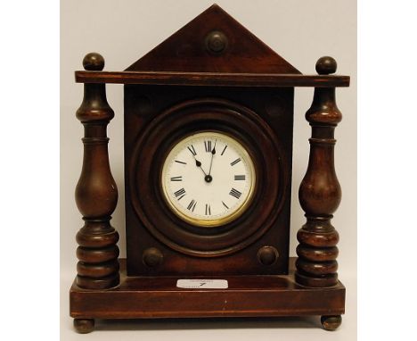 A 19TH CENTURY MAHOGANY PORTICO CLOCK, HEIGHT 24CM 