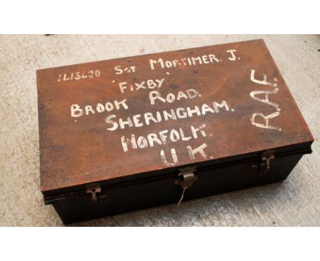 WW11 RAF TIN TRUNK, PAINTED NAME OF SGT. MORTIMER J. WITH CONTENTS TO INCLUDE WW11 WARRANT OFFICER JACKET WITH ROYAL COAT OF 