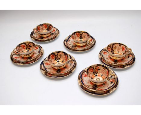 CROWN DERBY IMARI PATTERN PART TEASET (19 PIECES) TO INC. 6 TEACUPS AND SAUCERS, 6 SIDE PLATES AND A SUGAR BOWL.(A/F)