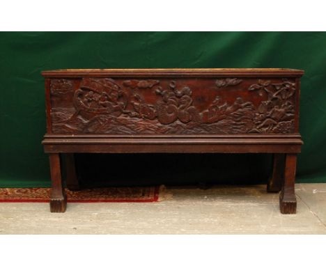 18TH CENTURY CARVED OAK TIN LINED PLANTER, CARVED WITH MYTHICAL SEAFARING SCENE, 123CM 