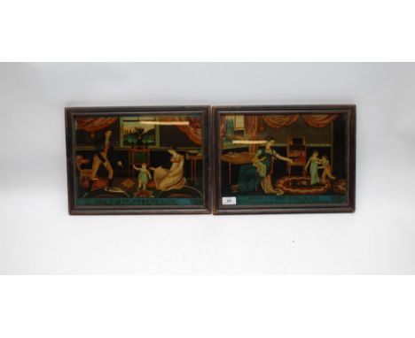 A PAIR OF REGENCY REVERSED GLASS PAINTINGS IN ORIGINAL FRAMES, " A MIDSUMMER HOLYDAYS "AND " THE FIRST STEP IN LIFE".