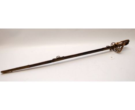 1850'S OFFICER'S SWORD IN LEATHER AND BRASS SCABBARD A/F