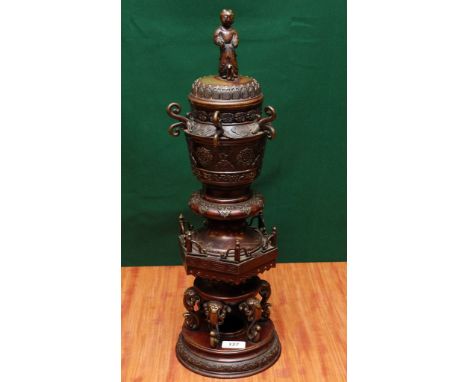AN IMPRESSIVE C19TH CHINESE BRONZE INCENSE BURNER WITH CHINESE MAN AND DOG FINIAL . 58CM.  (LACKING 3 SCROLLS TO TOP)  OLD RE