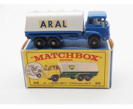 A MATCHBOX diecast 1-75 series number 25 Tanker Lorry - rarer German variant in 'Aral' blue and white livery in a correct Eng